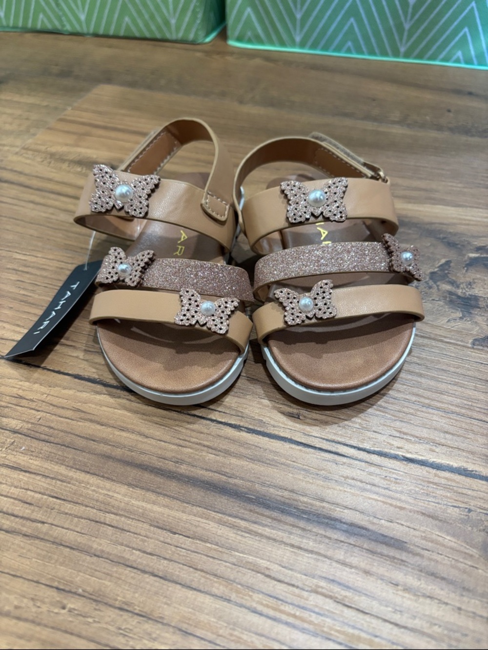 Tahari Girls' Tan Glitter Butterfly Strap Sandals Size 5